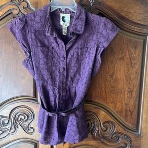Purple Button-Down Belted Shirt w/Cap Sleeves